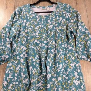 LOGO by Lori Goldstein Teal White & Yellow Patternes Tunic Blouse